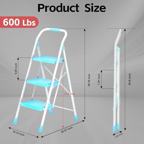 Step Ladder Foldable Folding Stool - for Home Adults Kitchen 3 Stepping Extension Tall Heavy Duty with Handrails - Closet Stepstool Stair Ladders Extendable Stepladder for Indoor House 600Lbs