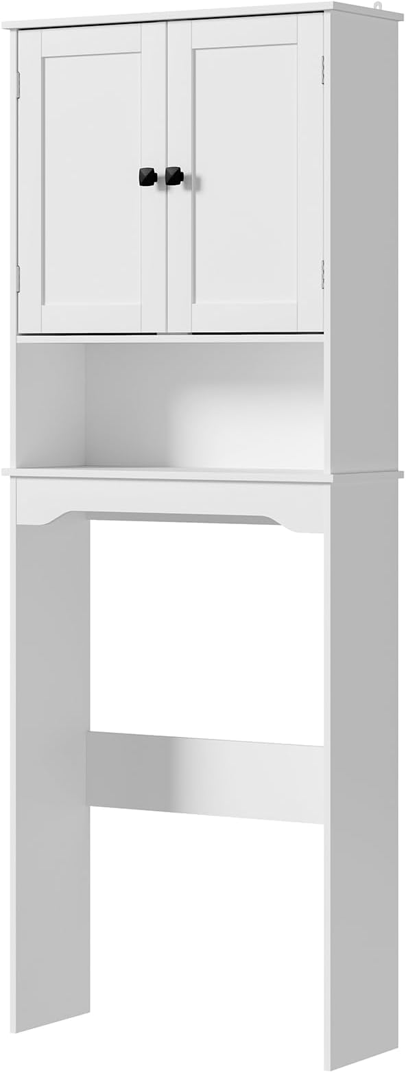 RRX Over The Toilet Storage Cabinet,Bathroom Above Toilet Cabinets Organizer, 24.8" L x 9.1 "W x 65.7 "H Free Standing Toilet Rack with Adjustable Shelf and Open Storage,Double Doors(Pure White)