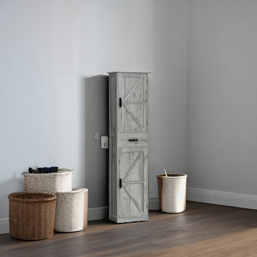 TEENFON Tall Bathroom Cabinet, Storage Cabinet with 6 Shelves & Drawer, Bathroom Storage Cabinet with Adjustable Shelves, Tall Cabinet for Living Room, Home Office, Grey