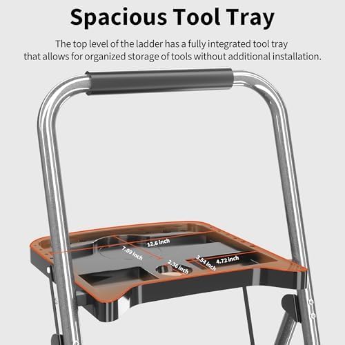 DIAMONDFORGE 3-Step Ladder Folding Step Stool with Tool Platform & Anti-Slip Wide Pedal, Heavy Duty Steel Construction, 600 lbs Capacity for Home & Office, Grey
