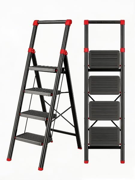 DIAMONDFORGE 4‑Step Folding Step Ladder, Wide Anti‑Slip Pedals, Anti‑Slip Feet Comfort Handgrip, Sturdy Steel Construction, Portable Ladder for Household Use – Black Red