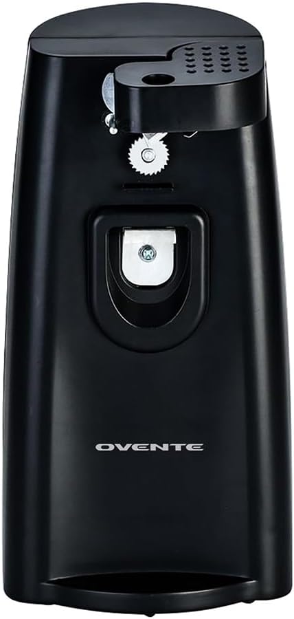 OVENTE 3-in-1 Electric Can Opener, Bottle Opener and Knife Sharpener with Stainless Steel Blade and Easy to Use One-Touch Button, 70W Automatic Multifunctional Kitchen Countertop Tool, Black CAN33B