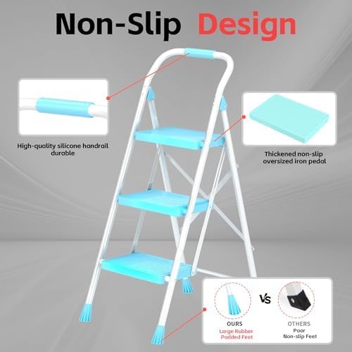 Step Ladder Foldable Folding Stool - for Home Adults Kitchen 3 Stepping Extension Tall Heavy Duty with Handrails - Closet Stepstool Stair Ladders Extendable Stepladder for Indoor House 600Lbs