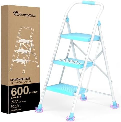 Step Ladder Foldable Folding Stool - for Home Adults Kitchen 3 Stepping Extension Tall Heavy Duty with Handrails - Closet Stepstool Stair Ladders Extendable Stepladder for Indoor House 600Lbs