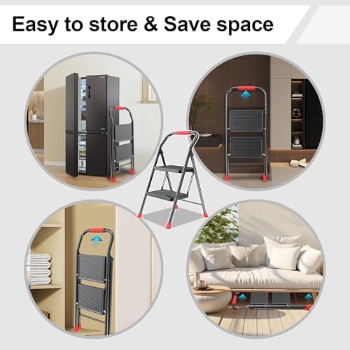 Step Ladder Foldable Folding Stool - for Home Adults Kitchen 2 Stepping Extension Tall Heavy Duty with Handrails - Closet Stepstool Stair Ladders Extendable Stepladder for Indoor House 600Lbs