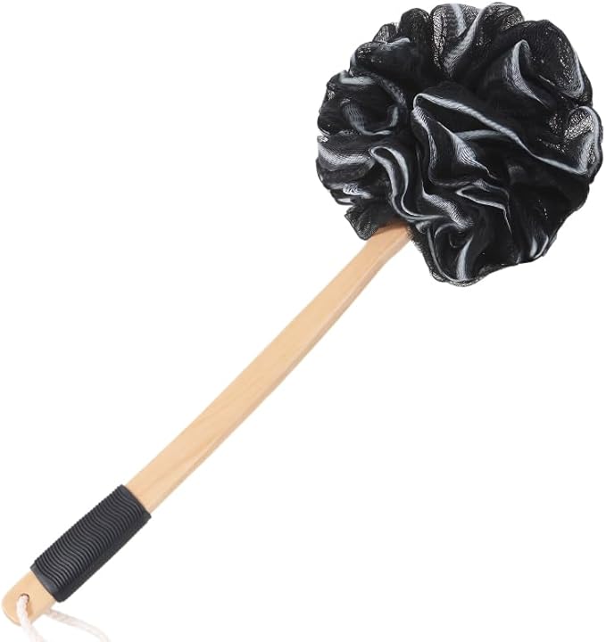 FORENEE Long Loofah with Handle, Back Scrubber for Shower, Loofah on a Stick (19.09"), Black & White 4.72" Jumbo Mesh PE Pouf, Waterproof Coated Wooden Handle, Non-Slip Grip, Hanging Loop, Men & Women