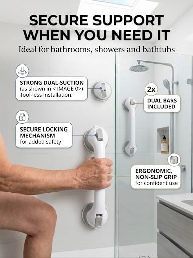 Suction Grab Bars for Shower, 2 Pack 16 Inch No Drill Removable Bath Handrails - Shower Handle for Seniors & Elderly, Anti-Slip Bathroom Safety Bar, Locking Suction Cups with Seal Check (Black)