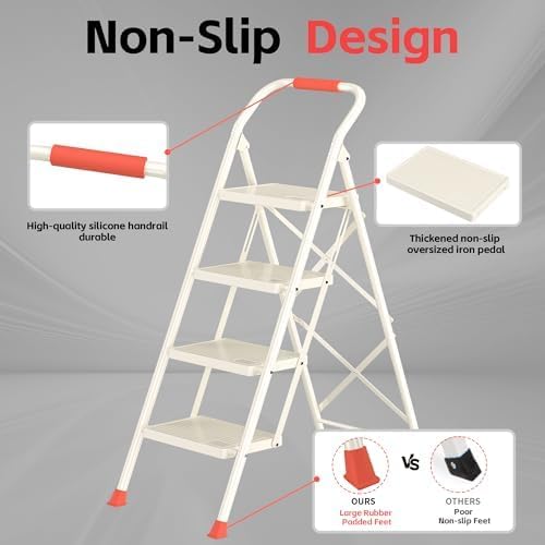 Foldable Step Ladder Stool - 600Lbs Heavy Duty Tall 4-Step Extension Ladder with Handrails for Home Adults, Ideal for Kitchen & Indoor Closet Use - Extendable Stepping Stool for Indoor Households