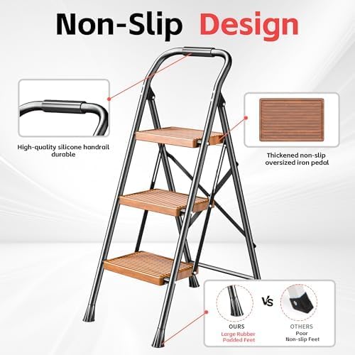 Step Ladder Foldable Folding Stool - for Home Adults Kitchen 3 Stepping Extension Tall Heavy Duty with Handrails - Closet Stepstool Stair Ladders Extendable Stepladder for Indoor House 600Lbs
