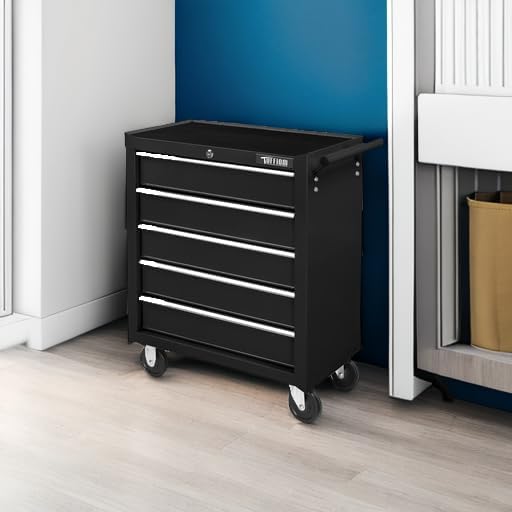 TUFFIOM 5-Drawer Rolling Tool Chest w/Drawers & Lock, Tool Storage Cabinet with Lockable Wheels, Top Cushion & Drawer Liners, Tool Organizer Box for Garage, Warehouse & Repair Sho