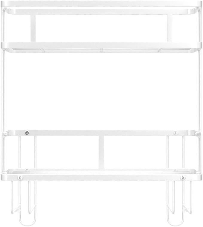 FLOLXNB Over The Toilet Storage Shelf, 2-Tier Bathroom Storage Organizer Upgrade Punch-Free Toliet Storage Shelf, Home Storage Rack with Hooks Shelf,White