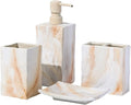 RQYIXI Bathroom Accessories Set 4 Pcs Marble Look Sets Toothbrush Holder Soap Dispenser Counter Top Ceramic Bathroom Decor Set Beige