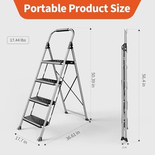 DIAMONDFORGE 4 Step Ladder, Folding Step Stool with Anti-Slip Wide Pedal, Soft Handle, Anti-Slip Feet, Heavy-Duty Steel Construction, 900lbs Capacity Steel Ladder for Home Office, Grey