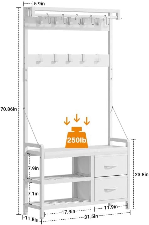 Lulive Hall Tree, 31.5” Entryway Bench with Coat Rack freestanding, 5 in 1 Intelligent Design Shoe Bench and Wall Rack 17 Hooks and Drawers (White)