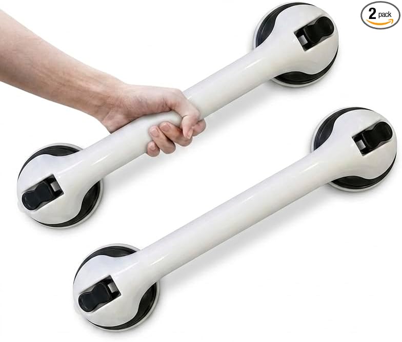 Suction Grab Bars for Shower, 2 Pack 16 Inch No Drill Removable Bath Handrails - Shower Handle for Seniors & Elderly, Anti-Slip Bathroom Safety Bar, Locking Suction Cups with Seal Check (Black)
