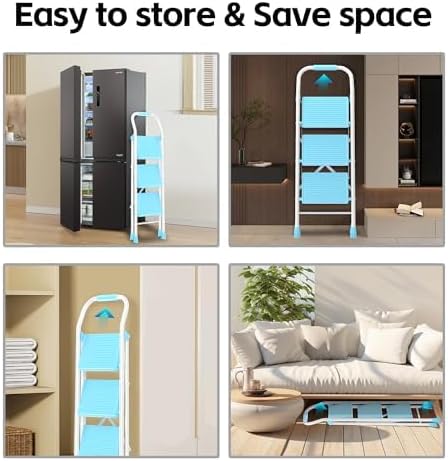 Step Ladder Foldable Folding Stool - for Home Adults Kitchen 3 Stepping Extension Tall Heavy Duty with Handrails - Closet Stepstool Stair Ladders Extendable Stepladder for Indoor House 600Lbs