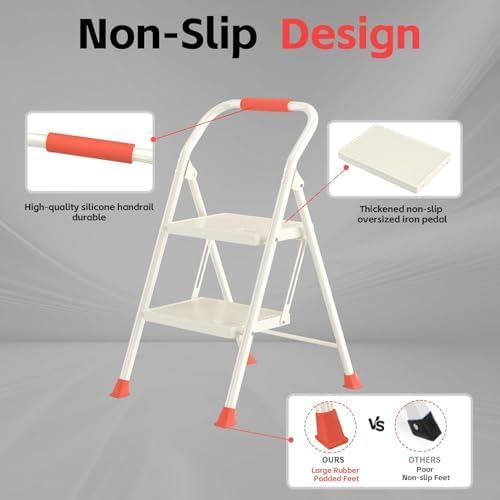Foldable Folding Step Ladder Stool - 2 Stepping Tall Extension Heavy Duty with Handrails for Home Adults Kitchen - Extendable Stepladder Closet Stepstool Stair Ladders for Indoor House 600Lbs