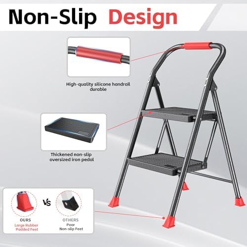 Step Ladder Foldable Folding Stool - for Home Adults Kitchen 2 Stepping Extension Tall Heavy Duty with Handrails - Closet Stepstool Stair Ladders Extendable Stepladder for Indoor House 600Lbs