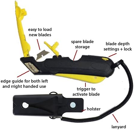 Veltec EZ-1000 Safety Box Cutter Utility Knife, 3 Blade Depth Setting, Squeeze Trigger and Dual Side Edge Guide, 2 Blades, Holster and Lanyard (Yellow)