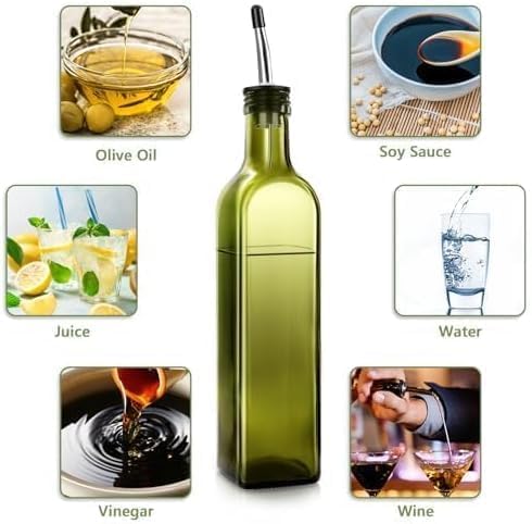 Leaflai Olive Oil Dispenser Bottle, 1 Pcs Green Glass Olive Oil Dispenser and Vinegar Dispenser Set with 2 Stainless Steel Pourers, 2Labels,1 Brush and 1 Funnel Oil Bottles for Kitchen, 17 oz(500ml)
