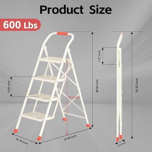 Foldable Step Ladder Stool - 600Lbs Heavy Duty Tall 4-Step Extension Ladder with Handrails for Home Adults, Ideal for Kitchen & Indoor Closet Use - Extendable Stepping Stool for Indoor Households