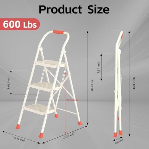 Foldable Step Ladder Folding Stool - 600Lbs Heavy Duty with Handrails for Home Adults Kitchen 3 Stepping Extension Tall - Indoor House Closet Stepstool Stair Ladders Extendable Stepladder