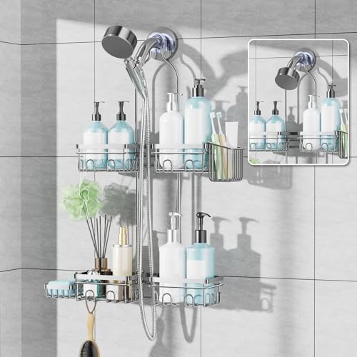 KEGII Shower Caddy Hanging for Handheld Showerheads, Rustproof Hanging Shower Organizer with Soap Dish, Toothbrush Holder and Hooks, Over Showerhead Caddy for Bathroom, Silver