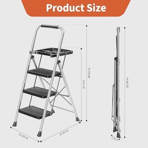 DIAMONDFORGE 3-Step Ladder Folding Step Stool with Tool Platform & Anti-Slip Wide Pedal, Heavy Duty Steel Construction, 600 lbs Capacity for Home & Office, Grey