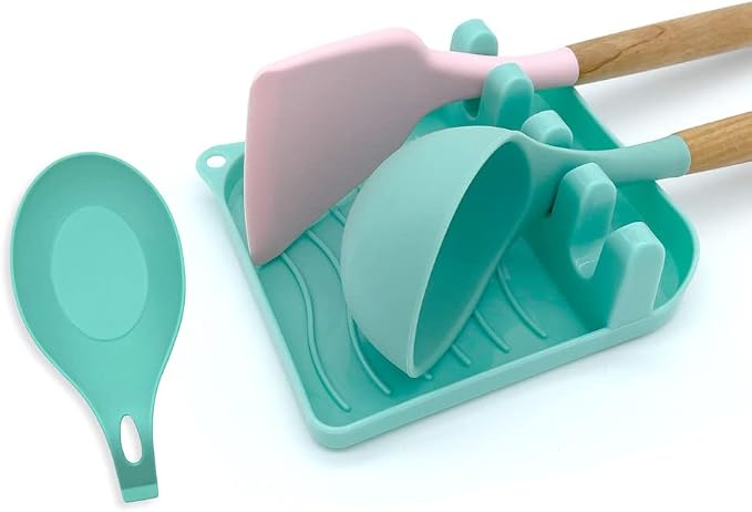 2 Pack Multiple Utensil Spoon Rest with Drip Pad Non-Slip Heat Resistant Kitchen and Grill Spoon Holder for Spatula, Ladle, Tongs, Kitchen Gadgets, and Cooking Accessories (Lake Green)