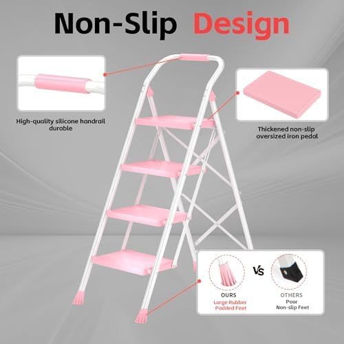 Step Ladder Foldable Folding Stool - for Home Adults Kitchen 4 Stepping Extension Tall Heavy Duty with Handrails - Closet Stepstool Stair Ladders Extendable Stepladder for Indoor House 600Lbs