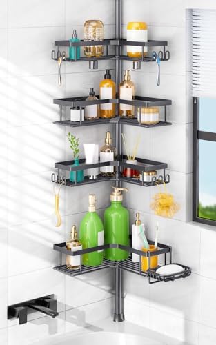HAMITOR Shower Caddy Tension Pole: 4-Tier Corner Bathroom Organizer with Soap Holder - No-Drill Adjustable Storage Rack - 47-123 Inch Rustproof Space Saving Gray