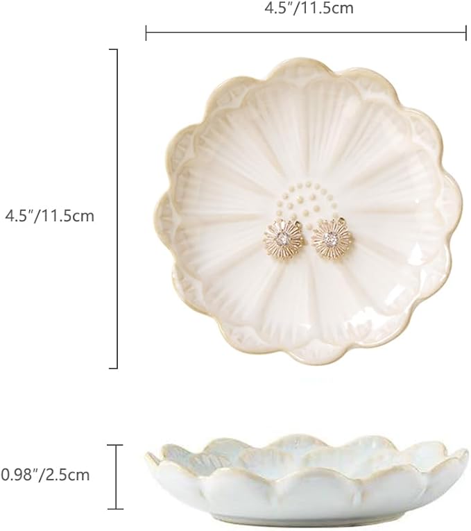 Lotus Ring Holder Dish Small Indoor Ash Tray, Ceramic Dessert Plate Trinket Jewelry Holder Organizing Necklace Earrings for Parents Friends Sister, White. All Jewelries Are NOT Included.