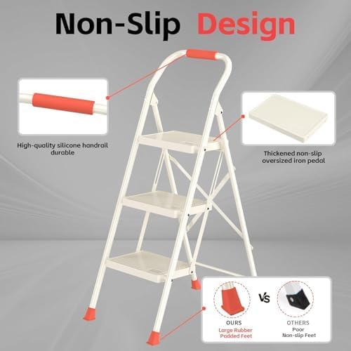 Foldable Step Ladder Folding Stool - 600Lbs Heavy Duty with Handrails for Home Adults Kitchen 3 Stepping Extension Tall - Indoor House Closet Stepstool Stair Ladders Extendable Stepladder