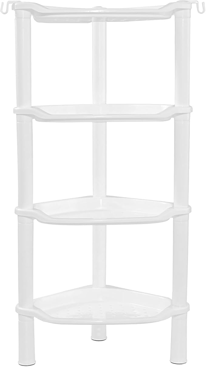 4 Tier Corner Shower Caddy, Rustproof, Plastic Shower Organizer for Bathroom, Bathtub, Shower pan, Bath Accessories Shower Caddies, 13.5 x 10 x 33.5 Inches, White (Round Slot White 4 Tier)