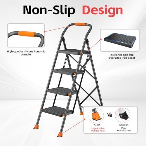 Step Ladder Foldable Folding Stool - for Home Adults Kitchen 4 Stepping Extension Tall Heavy Duty with Handrails - Closet Stepstool Stair Ladders Extendable Stepladder for Indoor House 600Lbs