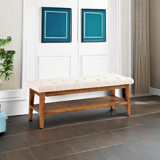 HUIMO Entryway Shoe Bench, End of Bed Bench,Upholstered Button-Tufted Bench for Kitchen, Fabric Ottoman Bench for Living Room, Padded Bench with Solid Wood Shelf Beige