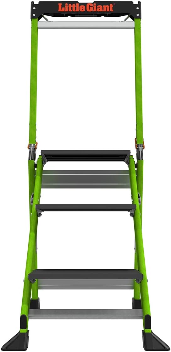 Little Giant Jumbo Step 3-Step Foldable 3-Ft Fiberglass Stool, Non-Conductive, Hi-Viz Green Rails, Extra-Wide Stair-Like Treads, Rotating Handrail, 375 lb. Type IAA, 11933