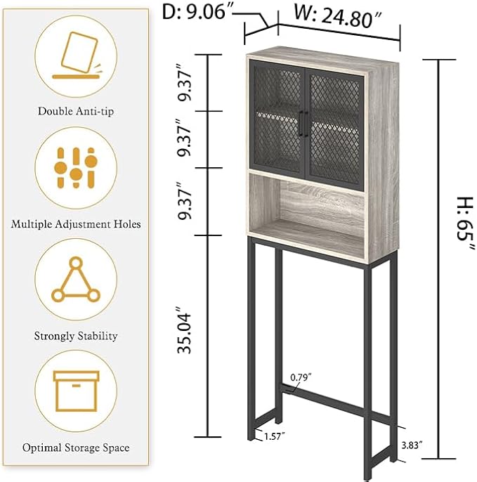 Launica Over the Toilet Storage Cabinet, Over Toilet Bathroom Organizer with Mesh Doors and Shelves, Freestanding Bathroom Storage Cabinet Above Toilet, Wood and Metal, Light Grey Oak