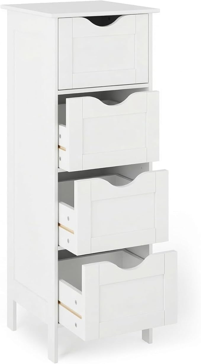 Bonnlo Skinny Bathroom Floor Storage Cabinet,White 12 Inch Wide Deep Small Storage Organizer with 4 Drawers, Wooden Modern Thin Free Standing Tower Cabinet w/ 4 Cute Drawers for Bathroom, Living Room