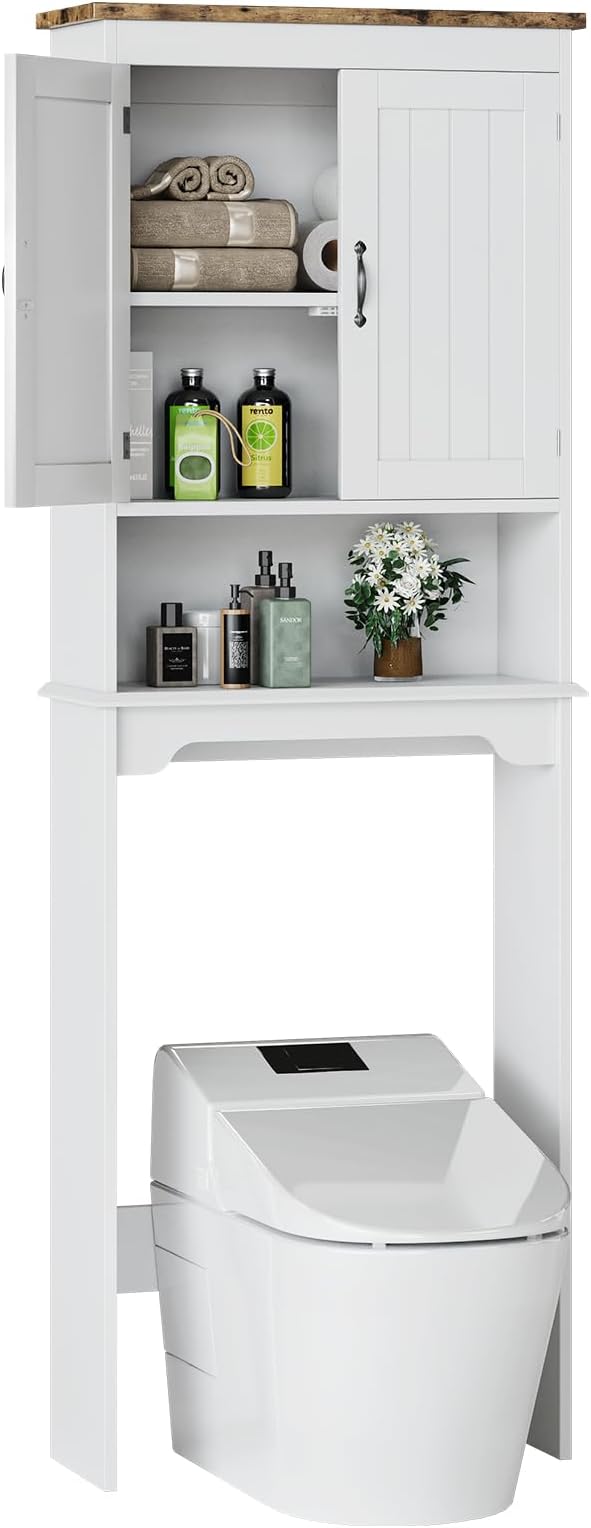 GarveeHome Over The Toilet Storage Cabinet, 66 in H Bathroom Space Saver Organizer with Double Doors & Adjustable Shelves Free Standing Toilet Shelf for Small Bathrooms, Easy Assembly, White