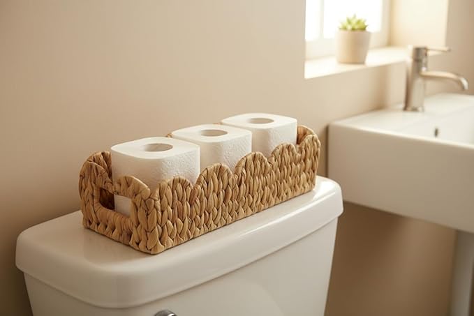 Coeusy Toilet Tank Basket for Bathroom,Scalloped Edge Wicker Basket for Toilet Paper Storage,Small Baskets for Countertop,Shelves,Living Room,Bedroom,Both Organizer&Decor,Natural Water Hyacinth