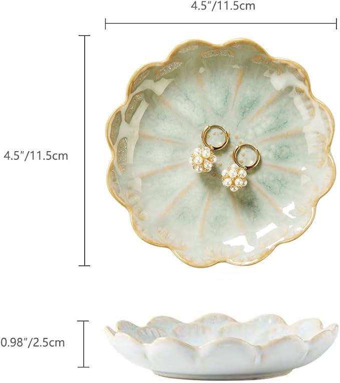 Lotus Ring Holder Dish Small Indoor Ash Tray, Ceramic Dessert Plate Trinket Jewelry Holder Organizing Necklace Earrings for Parents Friends Sister, Light Green. All Jewelries Are NOT Included.