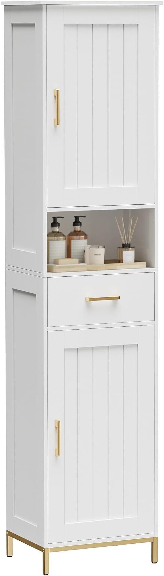 Homhedy 67" H Bathroom Storage Cabinet, Tall Storage Cabinet with Adjustable Shelves, Freestanding Cabinet with Doors and Drawer, Narrow Cabinet for Bathroom, Living Room, Kitchen, Dining Room, White