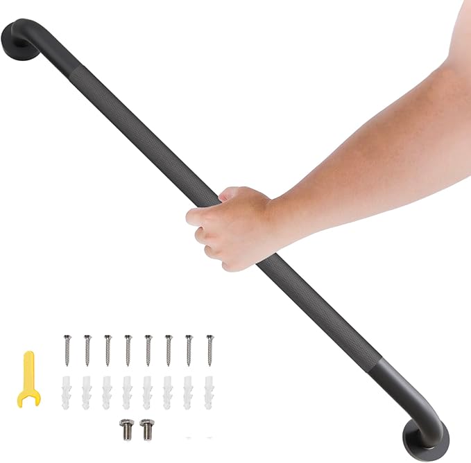 1 Pack Shower Grab Bar, 36 Inch Bathroom Grab Bar Handle with Anti-Slip Knurled Grip, Stainless Steel Bath Balance Bar, 1.25" Diameter Bath Safety Bar Support for Seniors Elderly Pregnant, Matte Black