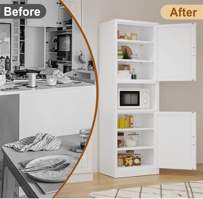 Tall Metal Narrow Bathroom Storage Cabinet 67" H, Tall White Pantry Cabinets with 4 Adjustable Shelves and 2 Doors for Kitchen, Home Office, Living Room, Dining Room(20 inches Wide)