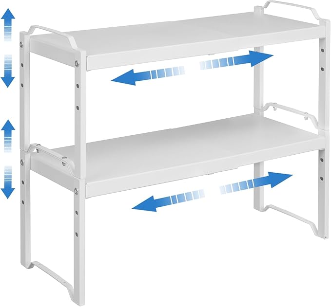 Set of 2 Expandable Kitchen Cabinet Shelves Organizers, Stackable Adjustable Small Storage Shelf Rack Stand For Pantry Cabinet Cupboard Kitchen Counter Organization, 22 lbs Capacity, Length:20.5"