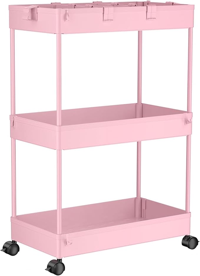 SPACELEAD 3 Tier Rolling Cart with Wheels, Storage Craft Art Trolley Organizer Serving, 3 Hanging Baskets Easy Assembly, for Office, Living Room, Kitchen, Pink