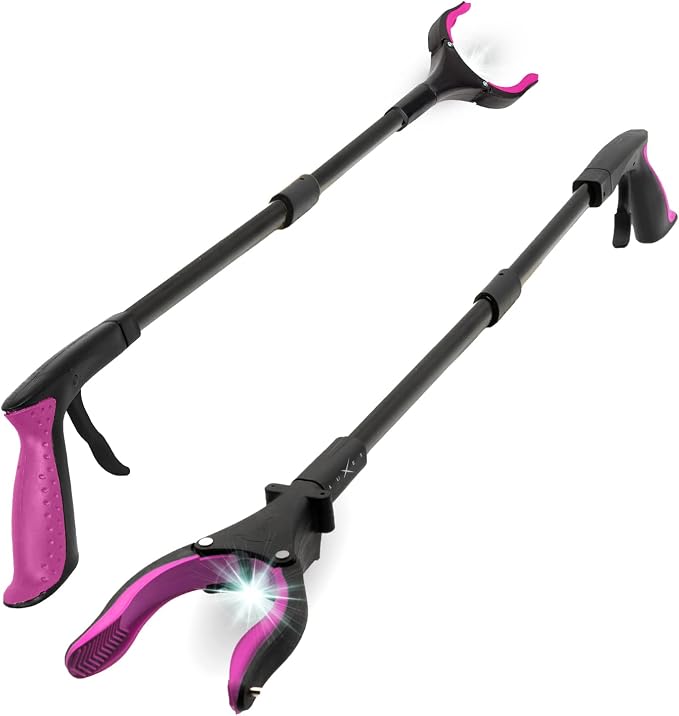 Grabber Reacher Tool-Long 32 Inch Aluminum Foldable Pick Up Stick-Strong Grip Shelves LED Light Magnetic Tip, Lightweight Trash Picker Claw Reacher Grabber Tool for Elderly (32" 2-Pack, Pink)