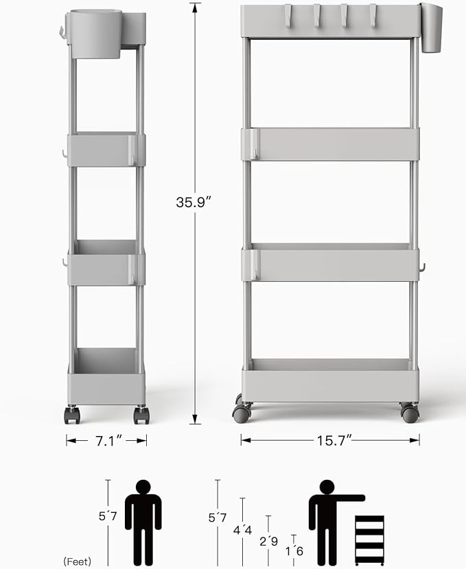 Pipishell Slim Storage Cart with Wheels, 4 Tier Bathroom Storage Organizer Rolling Utility Cart for Bathroom Kitchen Laundry Room Office Narrow Place (Gray)