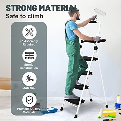 SocTone 4 Step Ladder, Folding Step Stool with Tool Platform, Sturdy& Portable Steel Ladder for Adults, 330LBS Capacity Ladder for Home Kitchen Pantry Office